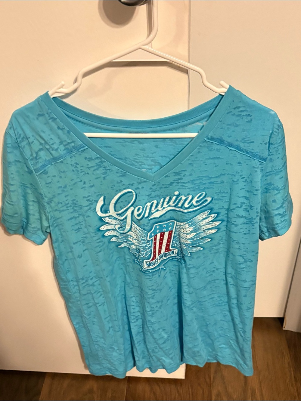 Harley-Davidson Tulsa OK Women's Turquoise V-Neck Tee with 'Genuine' Crest